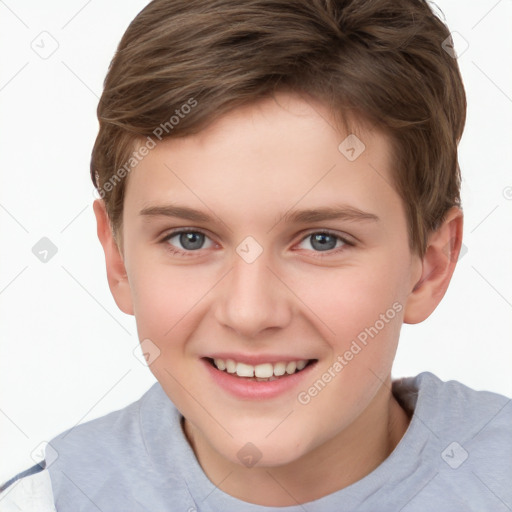 Joyful white child female with short  brown hair and brown eyes