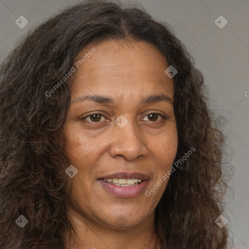 Joyful white adult female with long  brown hair and brown eyes