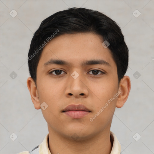 Neutral asian young-adult male with short  brown hair and brown eyes