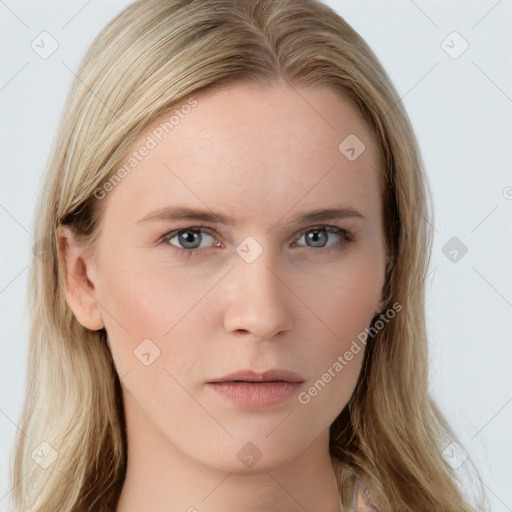 Neutral white young-adult female with long  brown hair and grey eyes