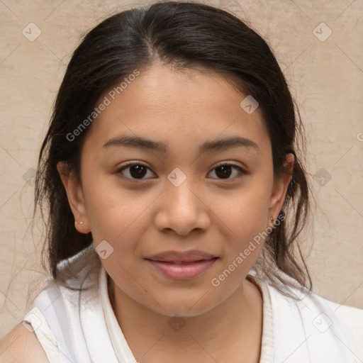 Joyful white child female with medium  brown hair and brown eyes