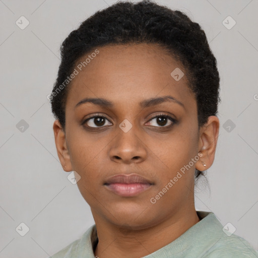 Neutral black young-adult female with short  brown hair and brown eyes