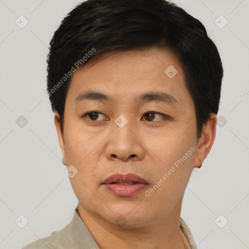 Neutral asian adult male with short  black hair and brown eyes