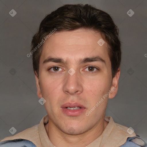 Neutral white young-adult male with short  brown hair and brown eyes