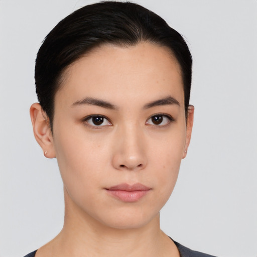 Neutral asian young-adult female with short  black hair and brown eyes