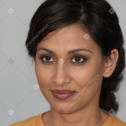 Joyful white young-adult female with medium  brown hair and brown eyes