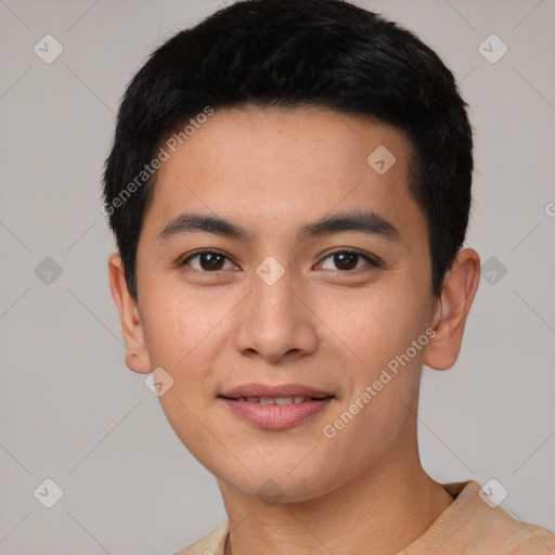 Joyful white young-adult male with short  black hair and brown eyes