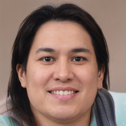 Joyful white young-adult male with medium  brown hair and brown eyes