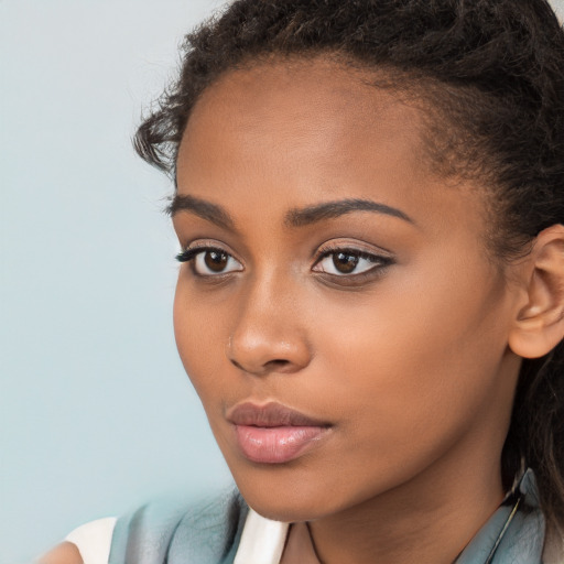 Neutral latino young-adult female with long  brown hair and brown eyes