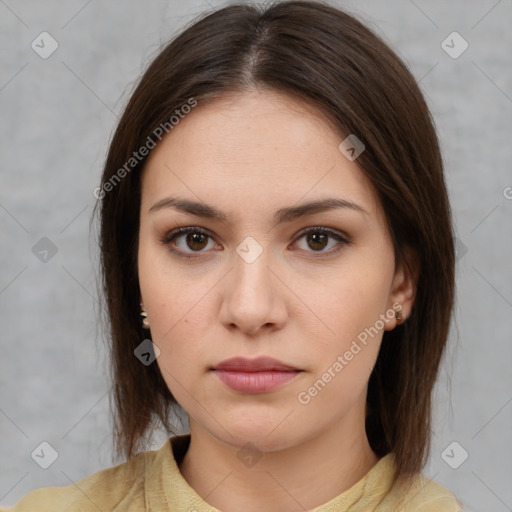 Neutral white young-adult female with medium  brown hair and brown eyes