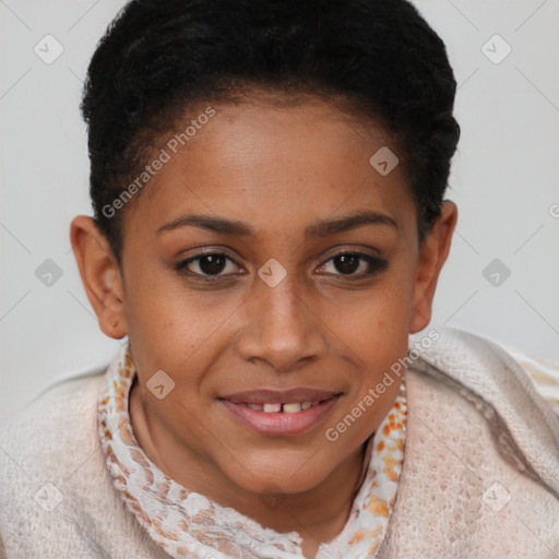 Joyful black young-adult female with short  brown hair and brown eyes