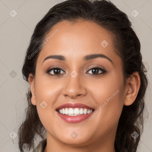 Joyful white young-adult female with long  brown hair and brown eyes