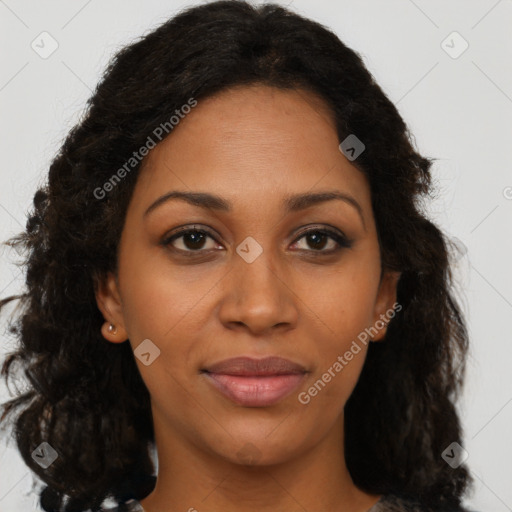 Joyful black young-adult female with long  brown hair and brown eyes