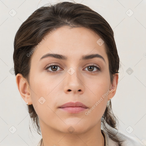 Neutral white young-adult female with medium  brown hair and brown eyes