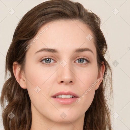 Neutral white young-adult female with long  brown hair and brown eyes