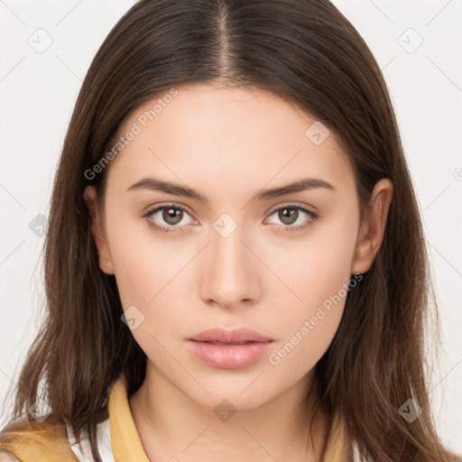 Neutral white young-adult female with long  brown hair and brown eyes