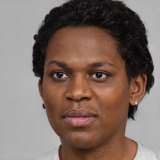 Neutral black young-adult female with short  black hair and brown eyes