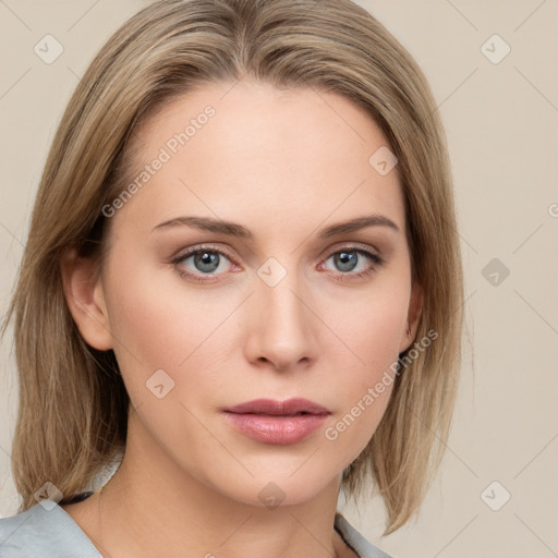 Neutral white young-adult female with medium  brown hair and grey eyes