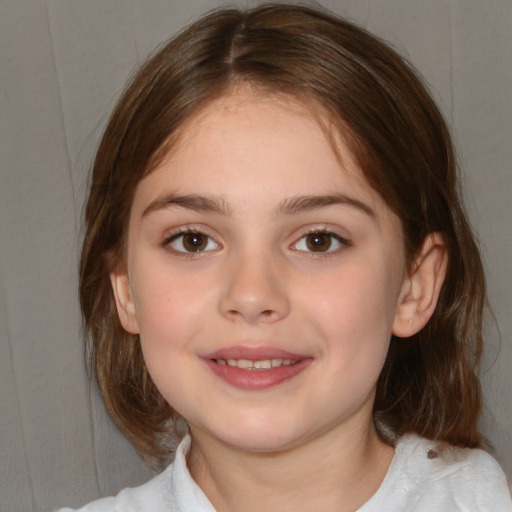 Joyful white child female with medium  brown hair and brown eyes