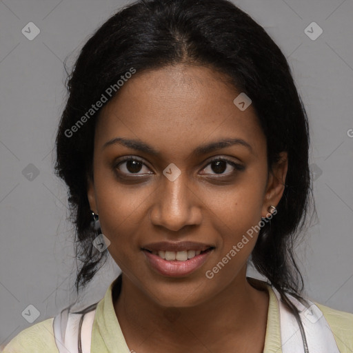 Joyful black young-adult female with medium  brown hair and brown eyes