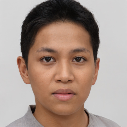 Neutral asian young-adult female with short  brown hair and brown eyes