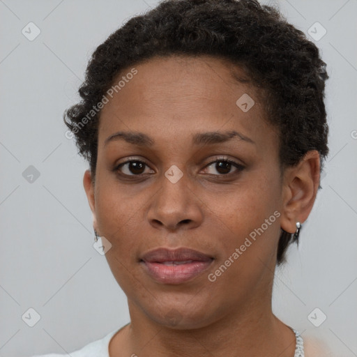 Neutral black young-adult female with short  brown hair and brown eyes