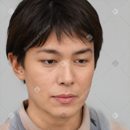 Neutral asian young-adult female with short  brown hair and brown eyes