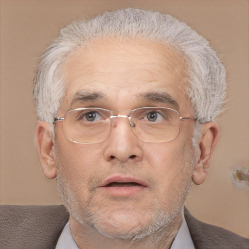 Neutral white middle-aged male with short  gray hair and brown eyes