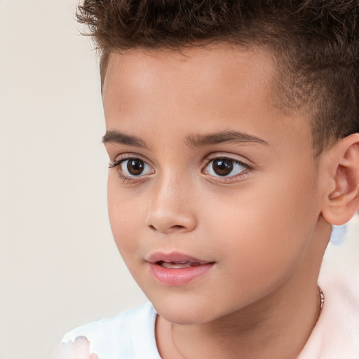 Joyful white child female with short  brown hair and brown eyes