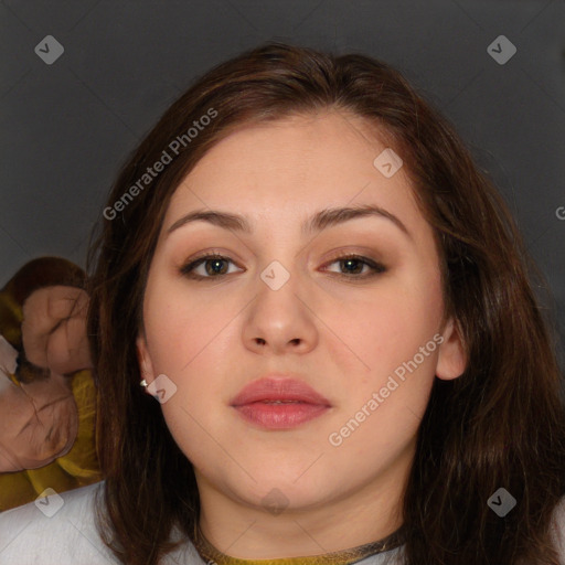 Neutral white young-adult female with medium  brown hair and brown eyes