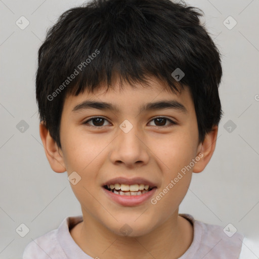 Joyful white child male with short  brown hair and brown eyes