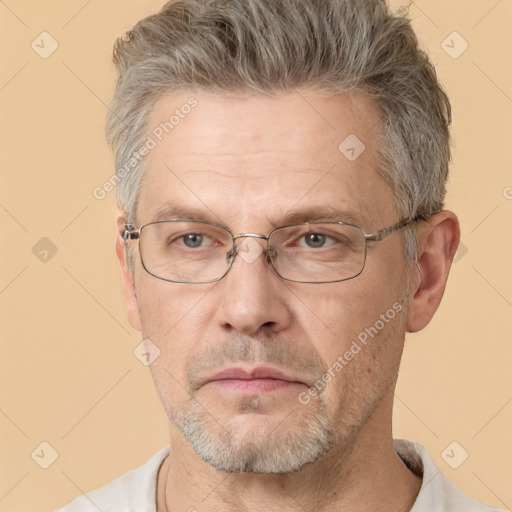 Neutral white middle-aged male with short  gray hair and brown eyes