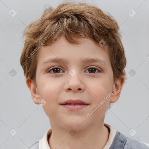 Joyful white child male with short  brown hair and brown eyes