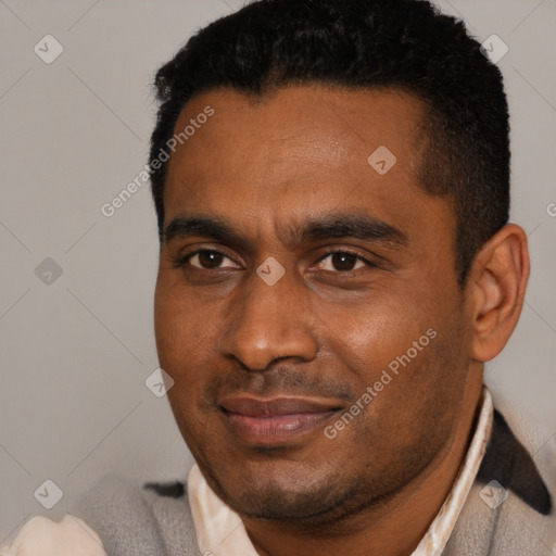 Joyful black young-adult male with short  black hair and brown eyes