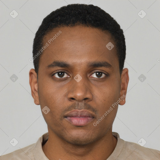 Neutral latino young-adult male with short  black hair and brown eyes
