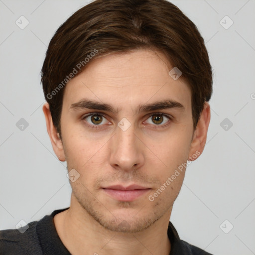 Neutral white young-adult male with short  brown hair and brown eyes