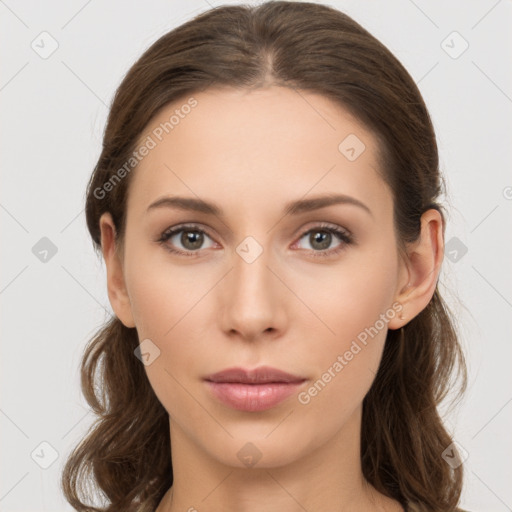 Neutral white young-adult female with long  brown hair and brown eyes