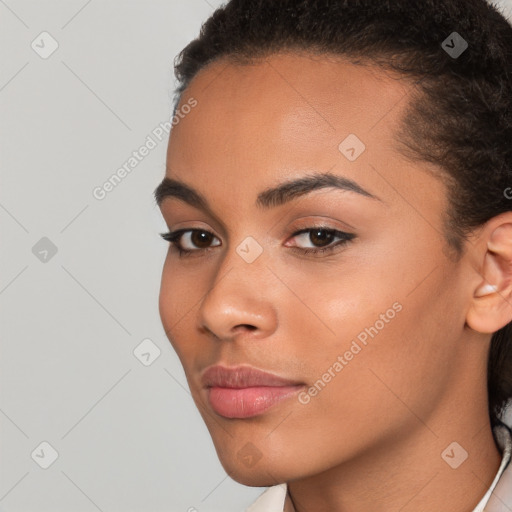 Neutral white young-adult female with short  brown hair and brown eyes