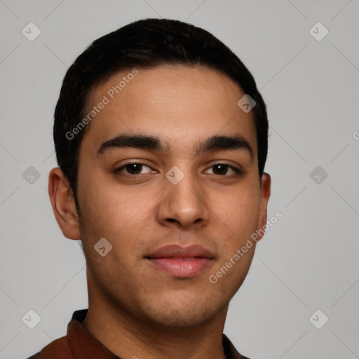 Neutral latino young-adult male with short  black hair and brown eyes
