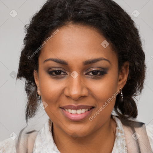 Joyful black young-adult female with long  brown hair and brown eyes