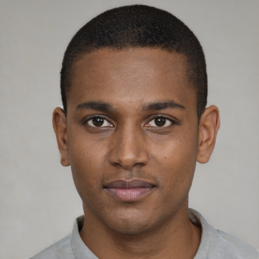 Neutral black young-adult male with short  black hair and brown eyes
