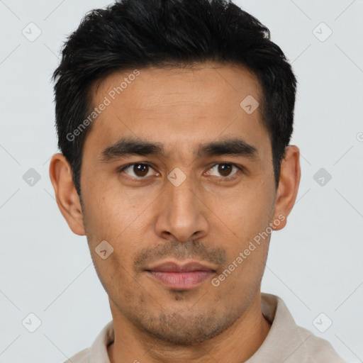 Neutral asian young-adult male with short  black hair and brown eyes