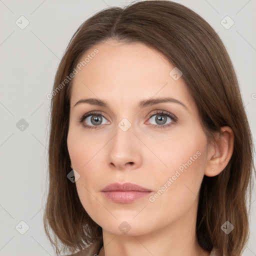 Neutral white young-adult female with medium  brown hair and brown eyes