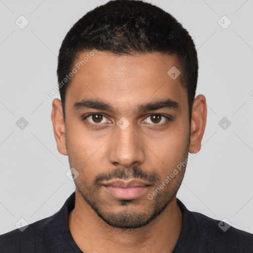 Neutral latino young-adult male with short  black hair and brown eyes