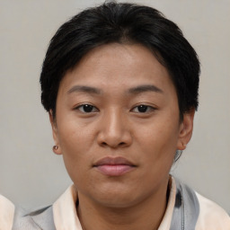 Neutral asian young-adult female with short  brown hair and brown eyes