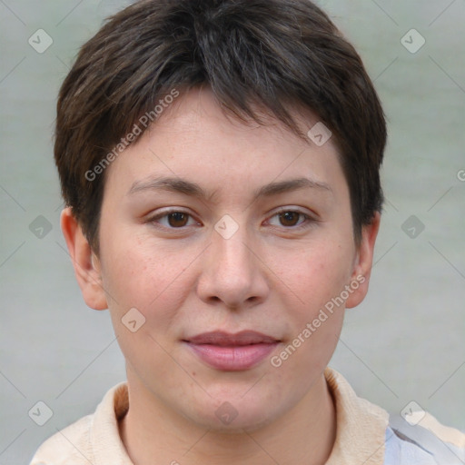 Joyful white young-adult female with short  brown hair and brown eyes