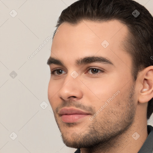 Neutral white young-adult male with short  brown hair and brown eyes