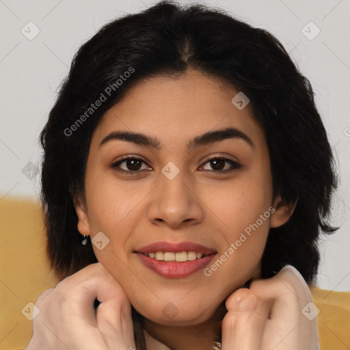 Joyful latino young-adult female with long  brown hair and brown eyes