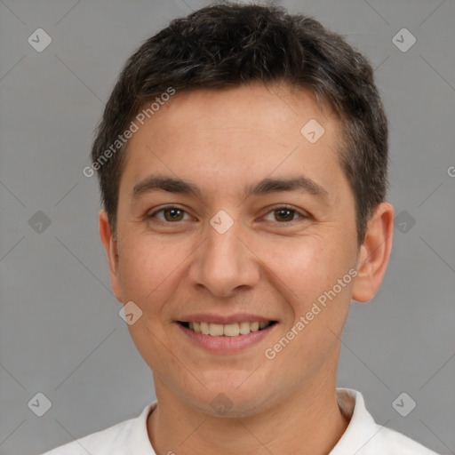 Joyful white young-adult male with short  brown hair and brown eyes