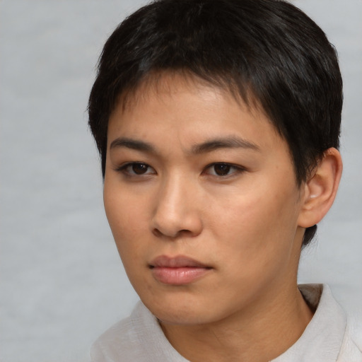 Neutral asian young-adult female with short  brown hair and brown eyes